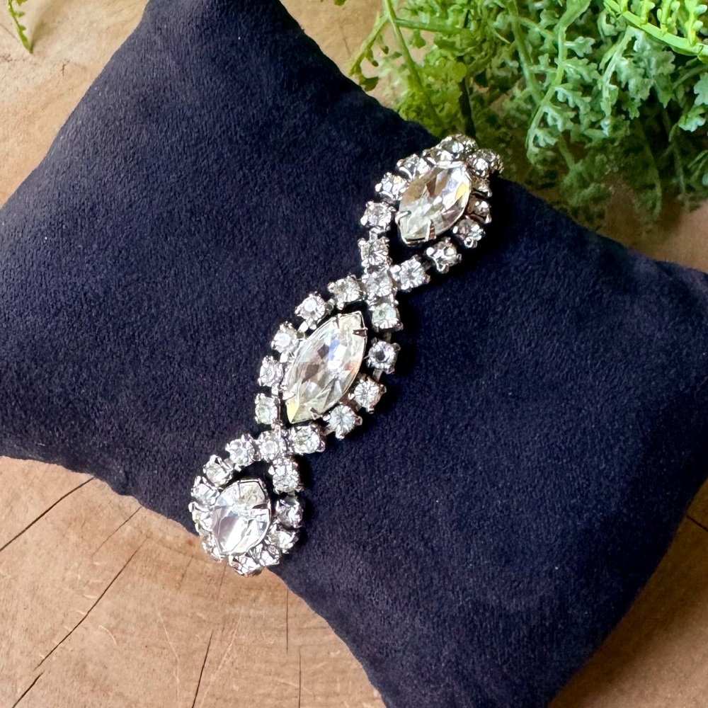 Vintage Kramer of New York Silver Navette Rhinestone Bracelet Safety Chain